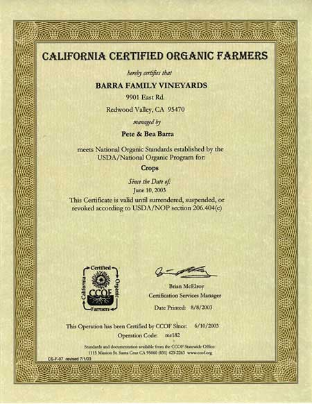 California Organic  Certificate